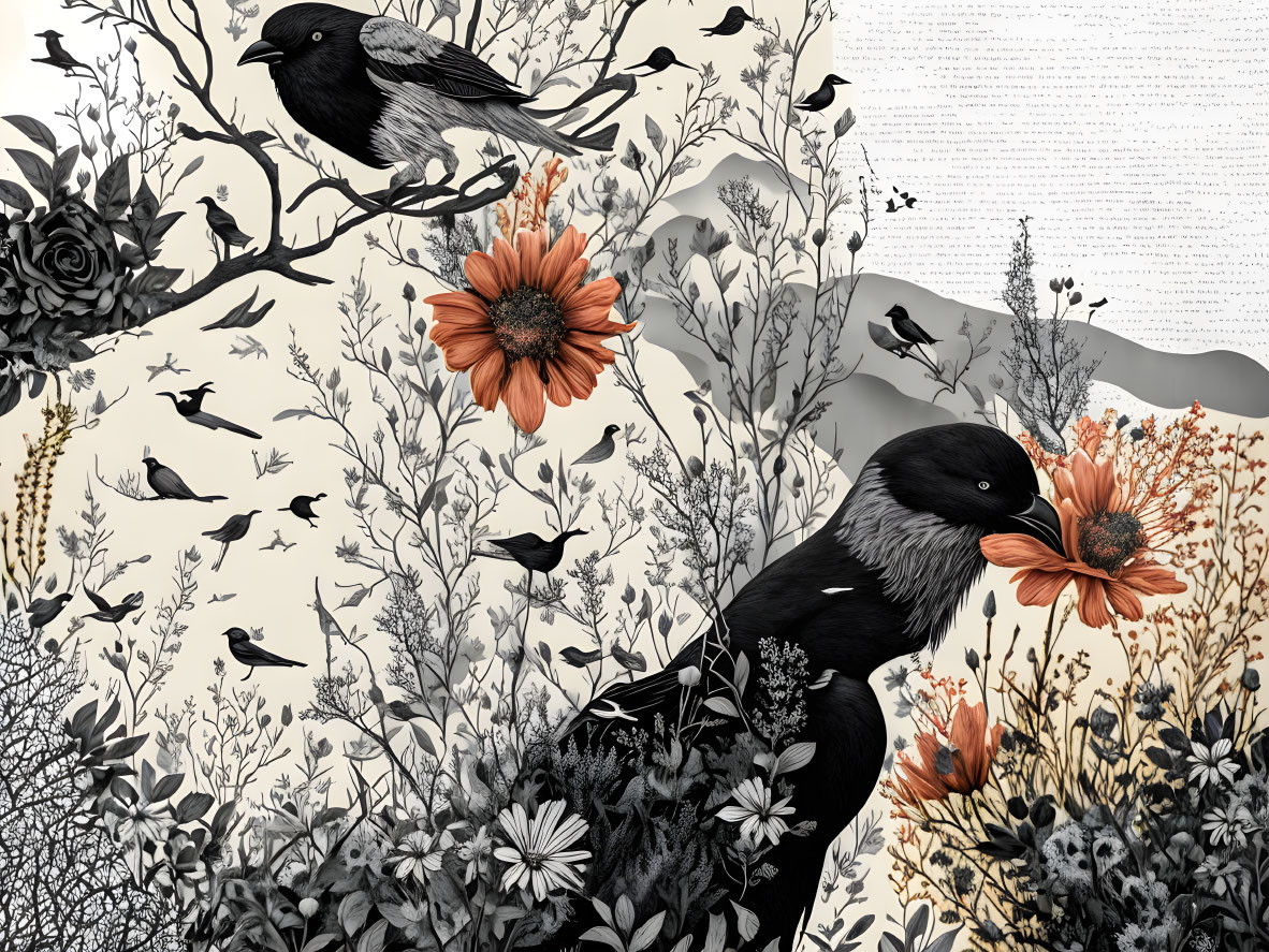 Monochromatic illustration with orange accents, birds, flora, and intricate patterns.