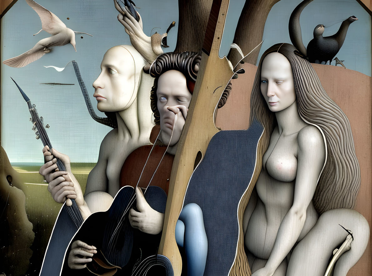 Surreal Artwork: Humanoid Figures with Elongated Features Interact with Birds in Dream