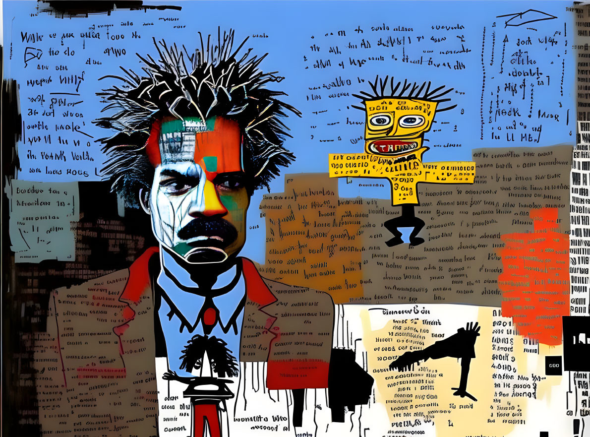 Colorful collage with central figure and wild hair surrounded by texts and drawings