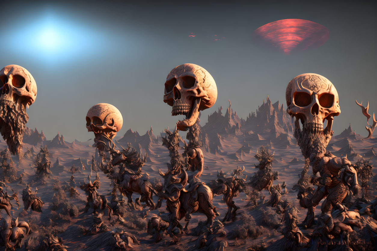 Surreal landscape with towering skull formations and twisted figures under a dusky sky