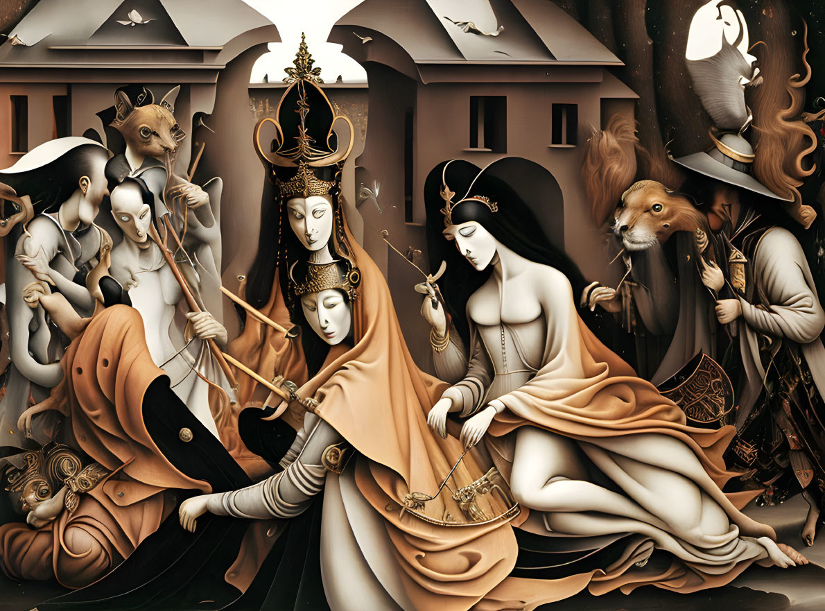 Surreal painting of women, creatures, baroque elements in monochrome with gold accents