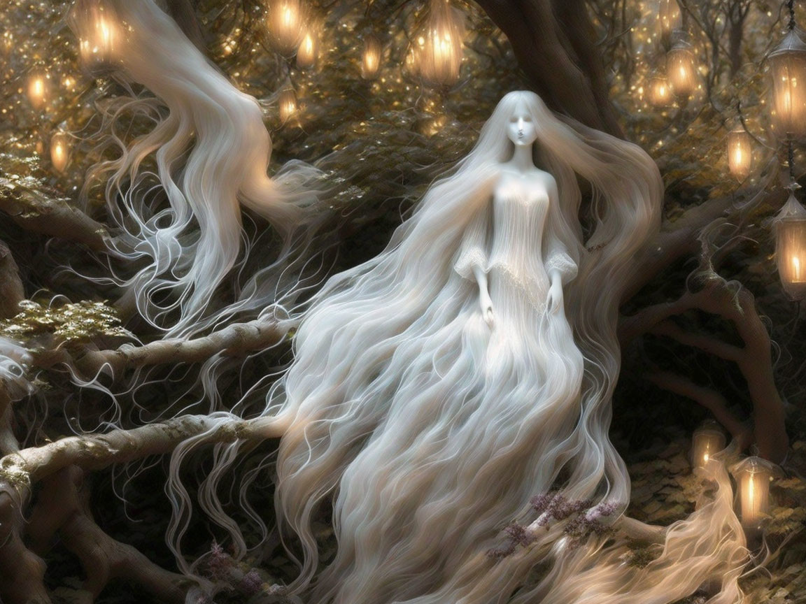 Ethereal figure with long white hair in enchanted forest