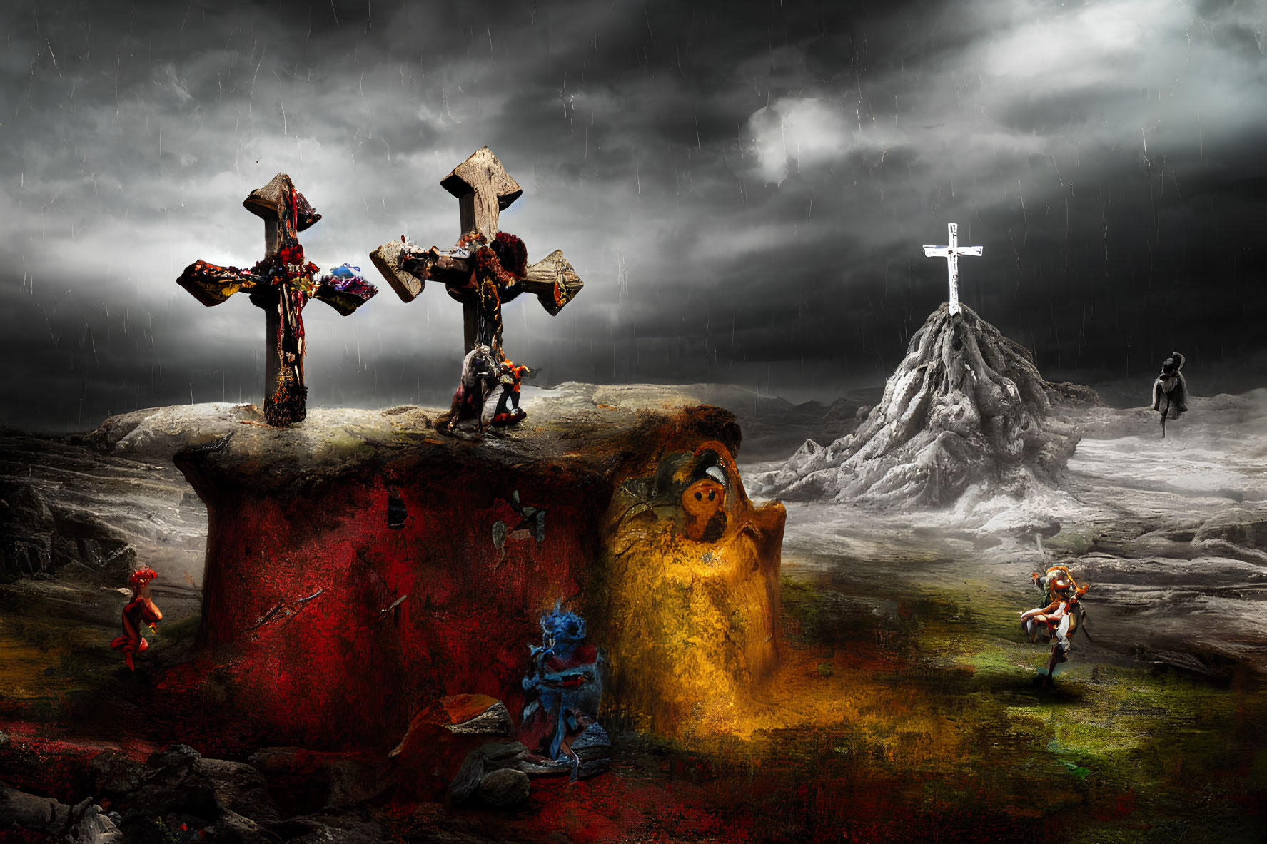 Dark scene with three crosses under stormy sky and mysterious figures in desolate landscape