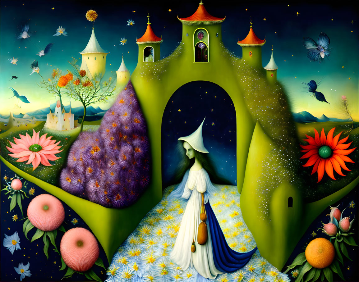 Surreal landscape with archway, robed figure, vibrant flora, flying insects, whimsical