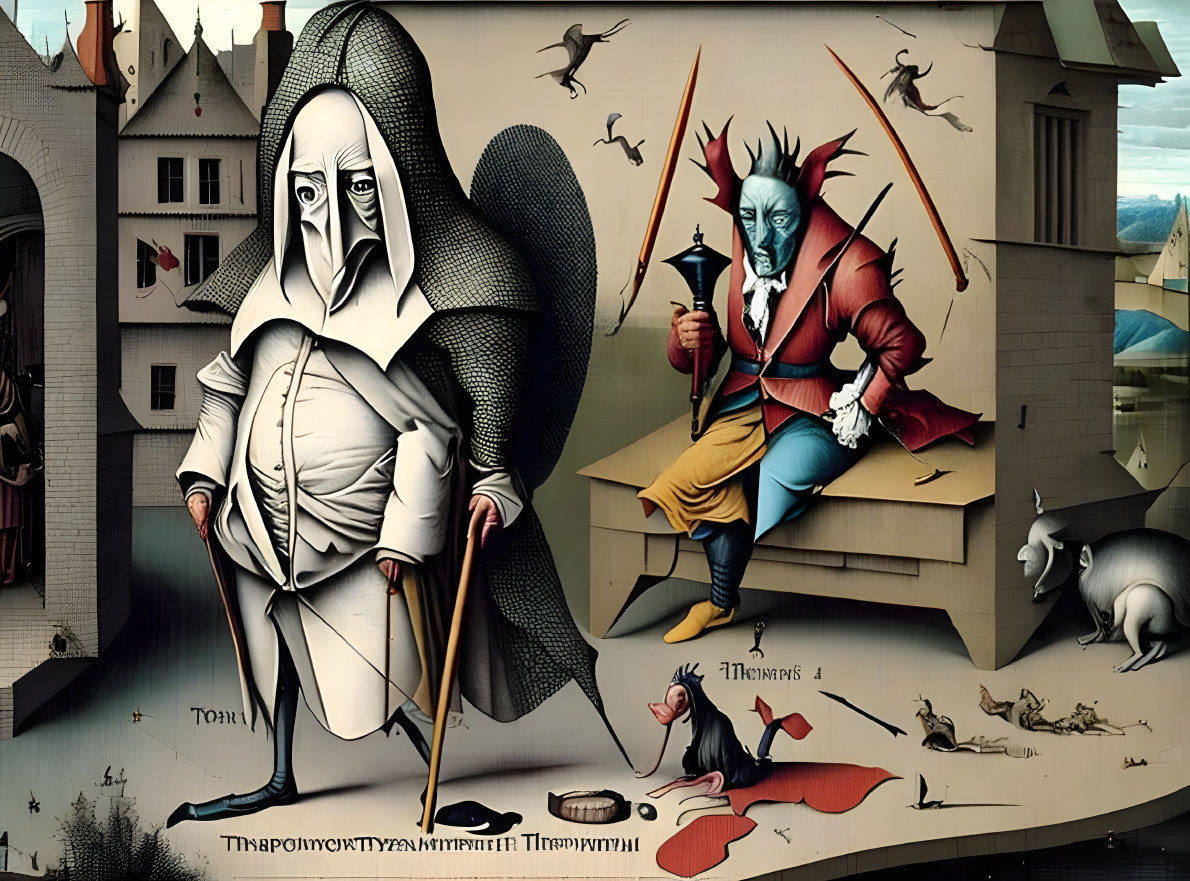 Surreal Artwork: Two Large Caricatured Figures with Scattered Objects