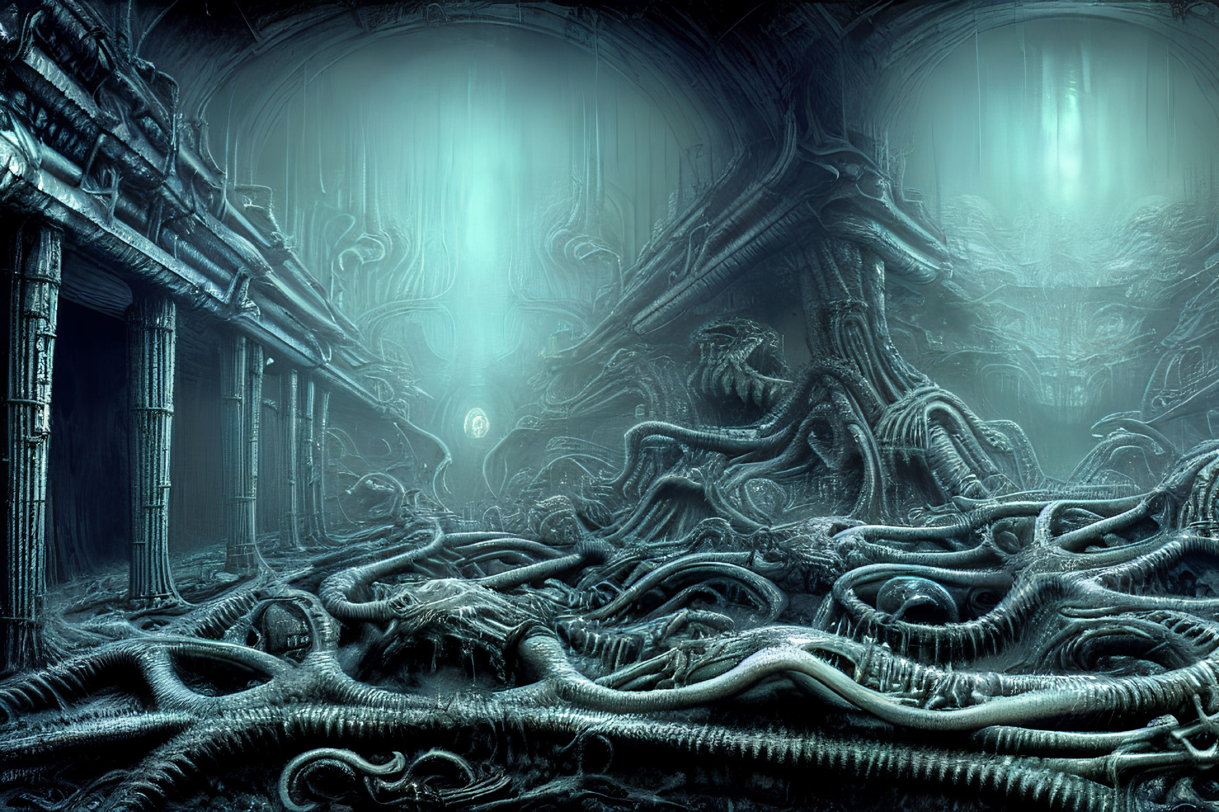 Blue-Tinted Alien Interior with Intricate Walls and Tentacle-Like Structures