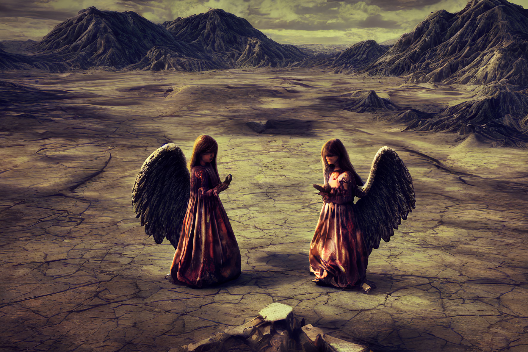 Angel figures with wings in barren landscape under dramatic sky