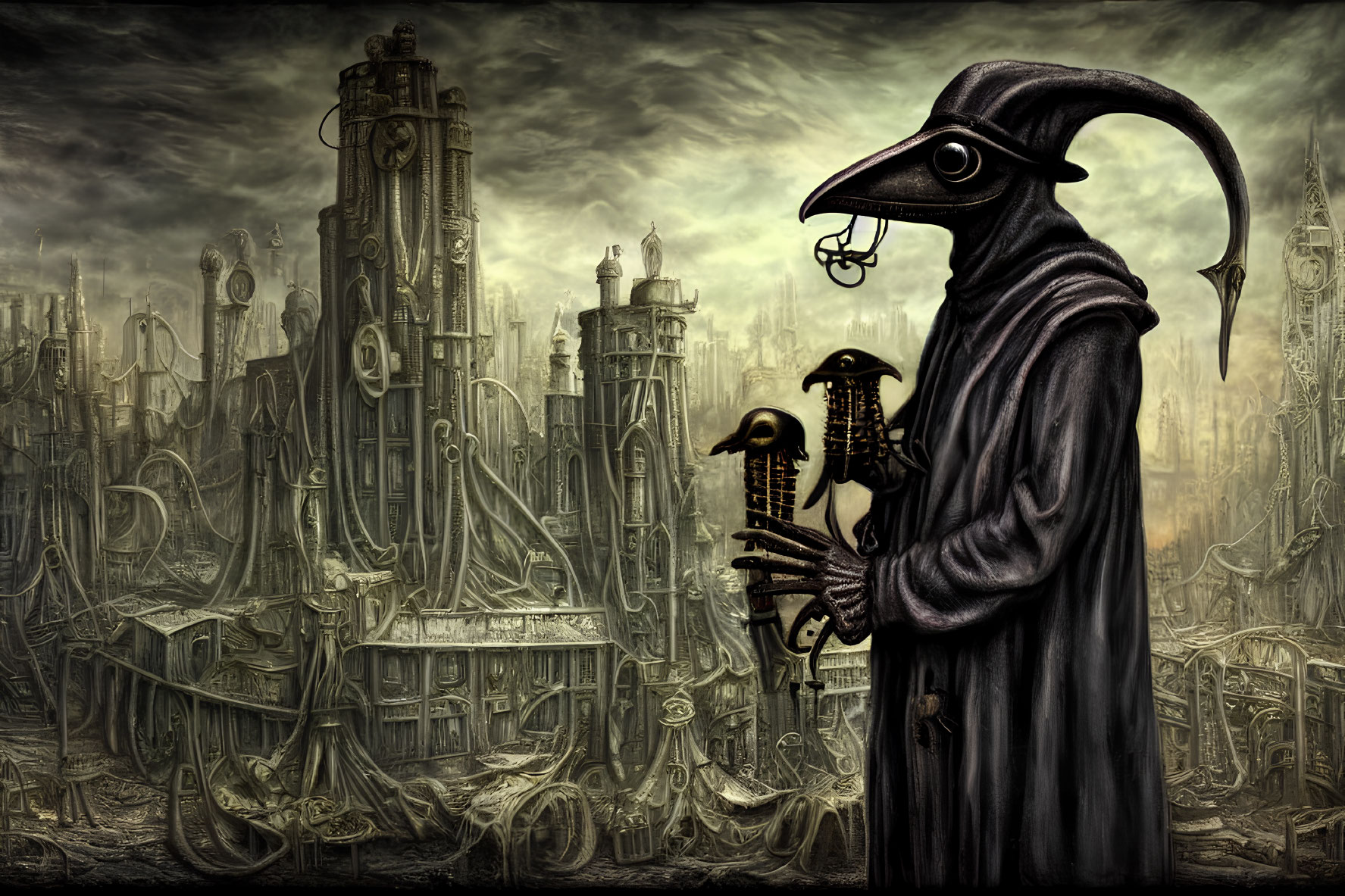 Plague doctor figure in beaked mask against dystopian cityscape