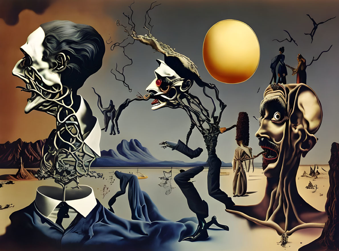 Surreal landscape with distorted human figures and golden orb in desert scene