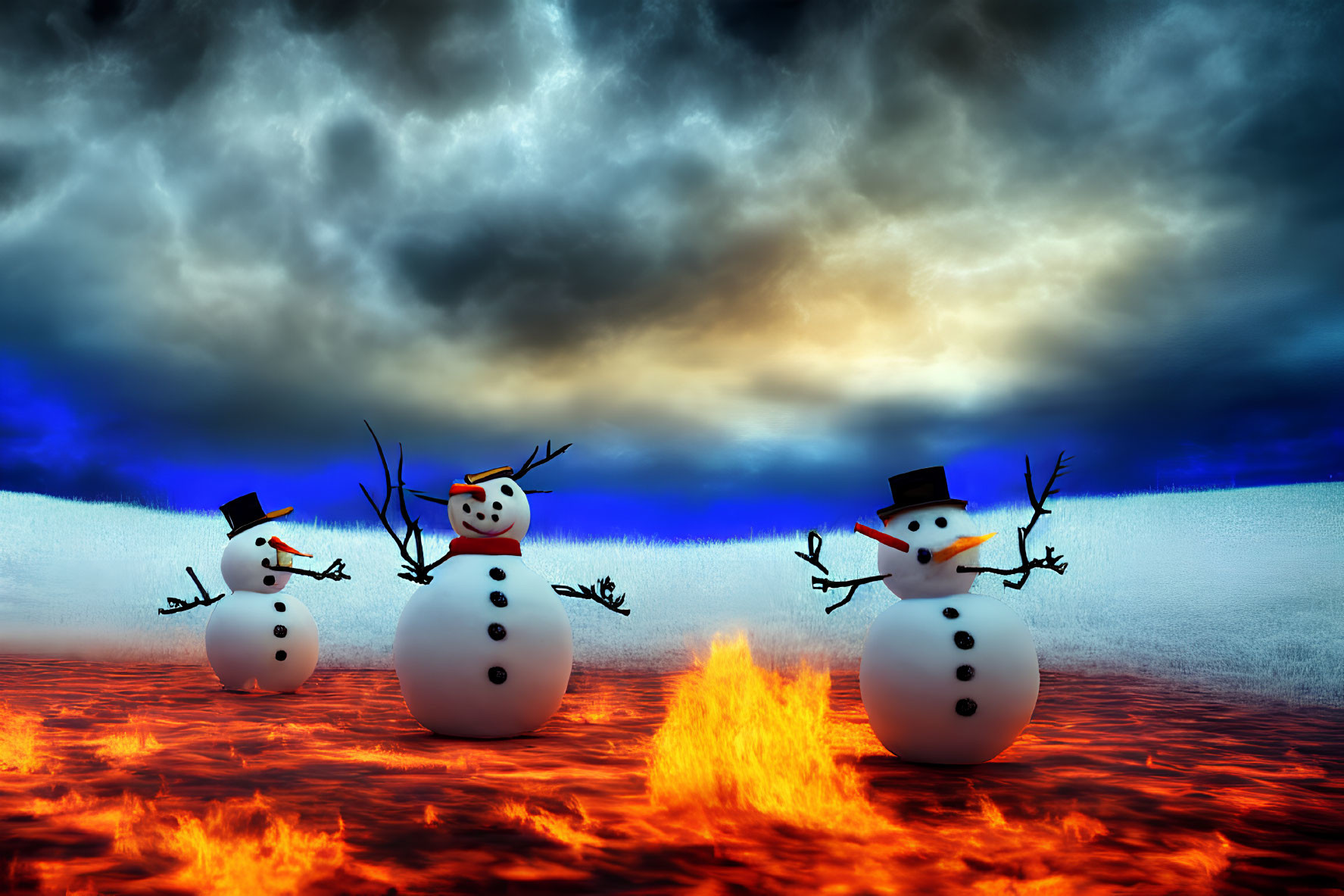 Snowmen with hats and stick arms by fire under dramatic sky