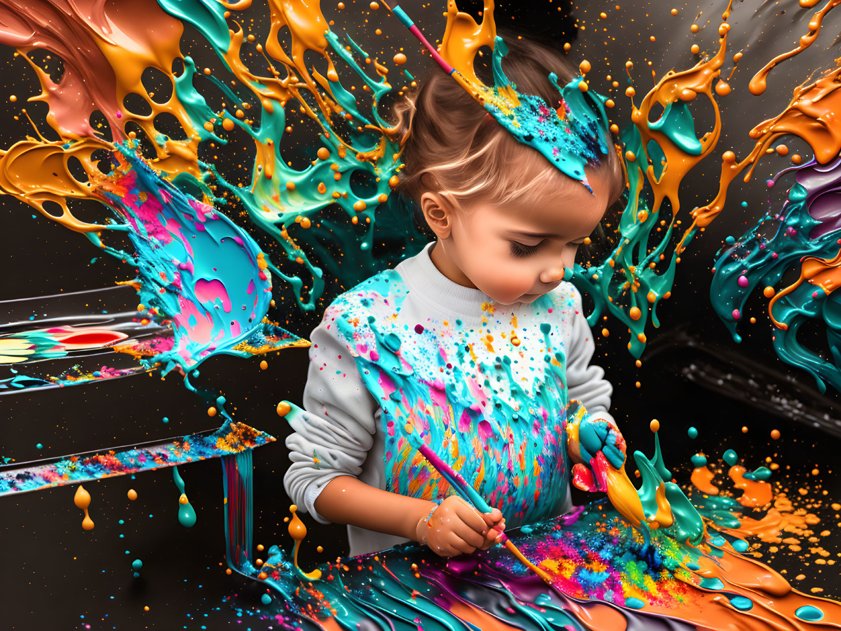 Child painting vibrant swirling colors in dynamic scene