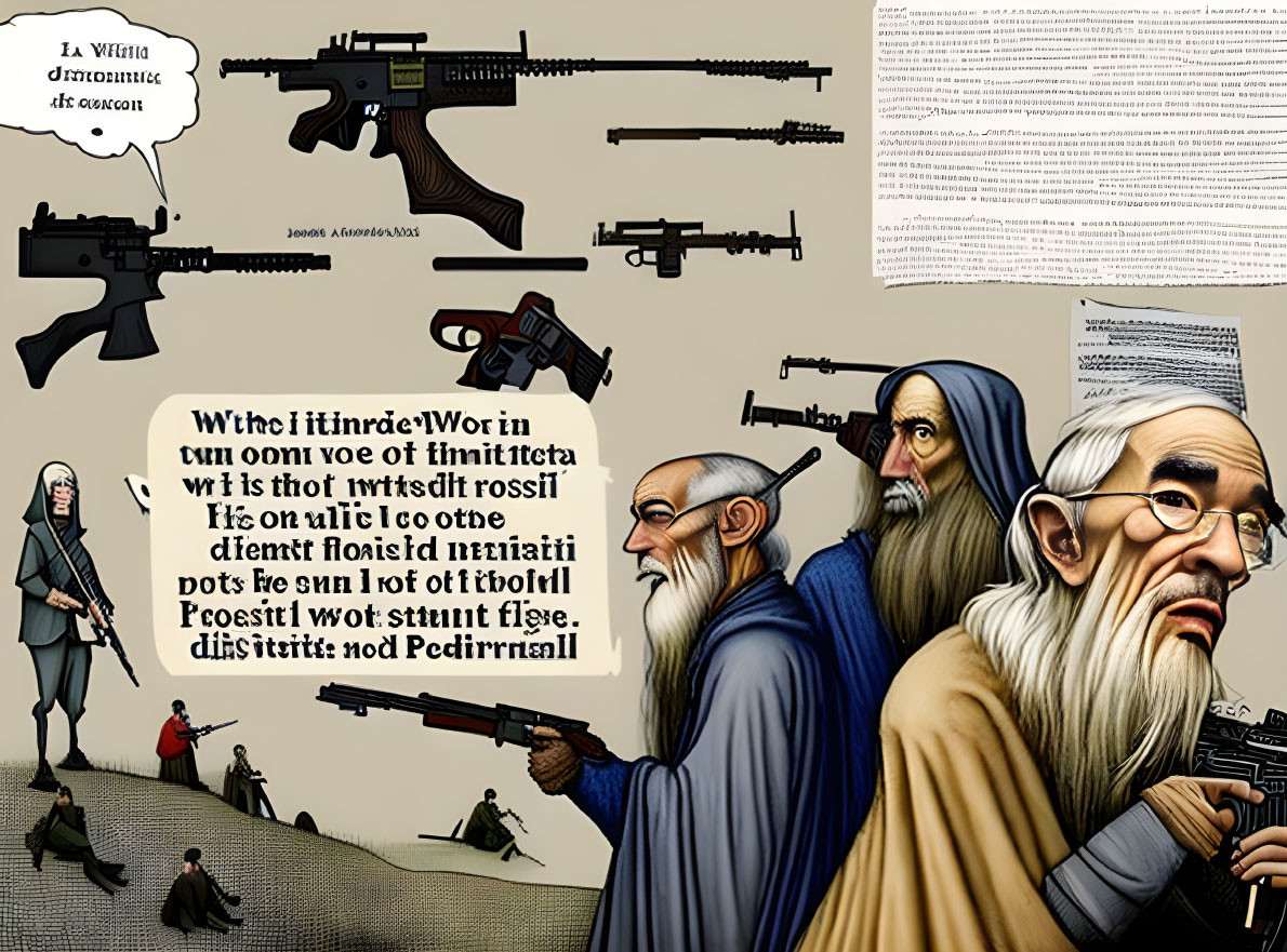 Philosophical figures in caricature armed with guns in conflict-themed illustration