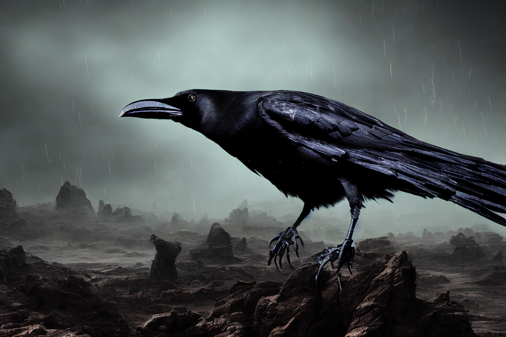 Raven perched on rocky terrain under stormy sky