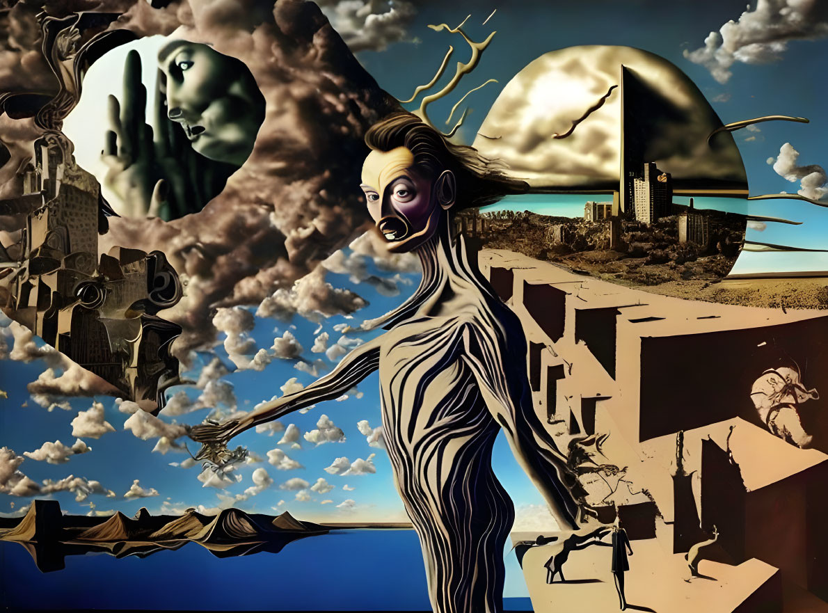 Surreal Artwork: Central Striped Figure, Disjointed Landscapes, Floating Islands