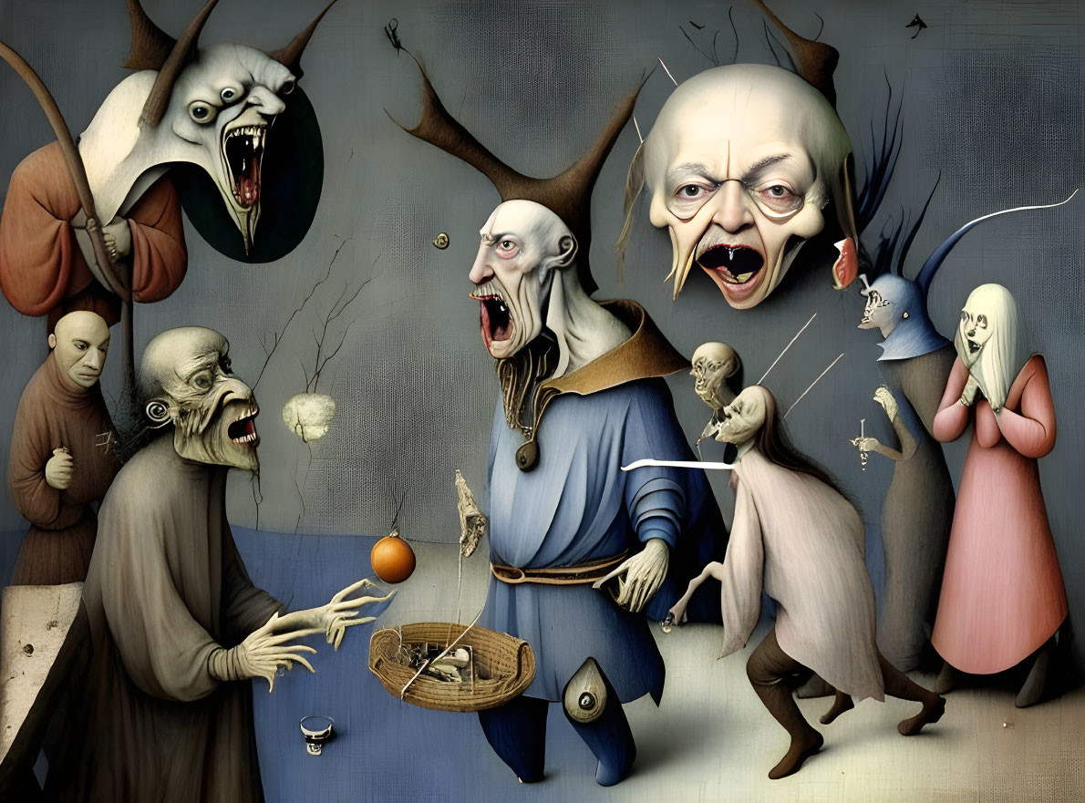 Grotesque surreal painting with caricatured figures in eerie setting