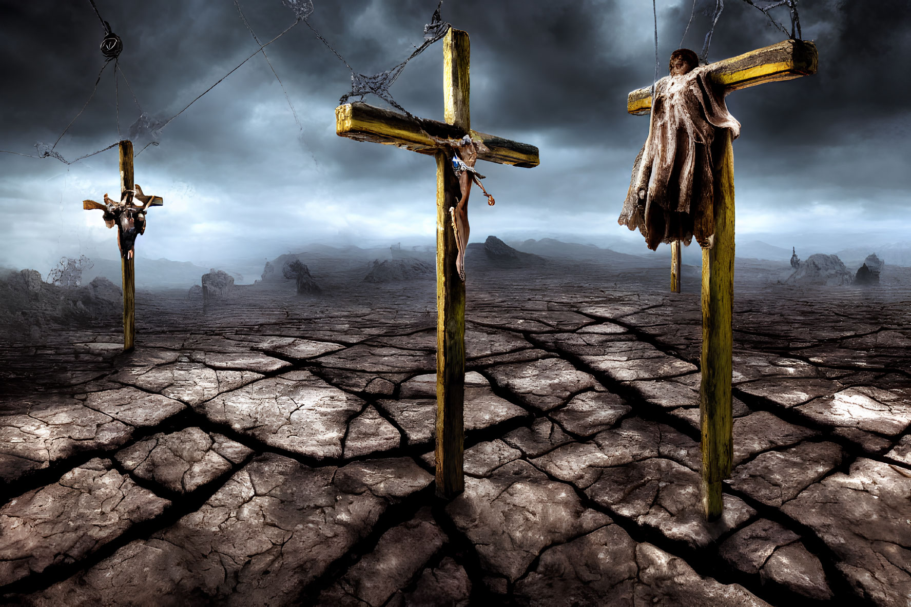 Barren landscape with three crosses under stormy sky