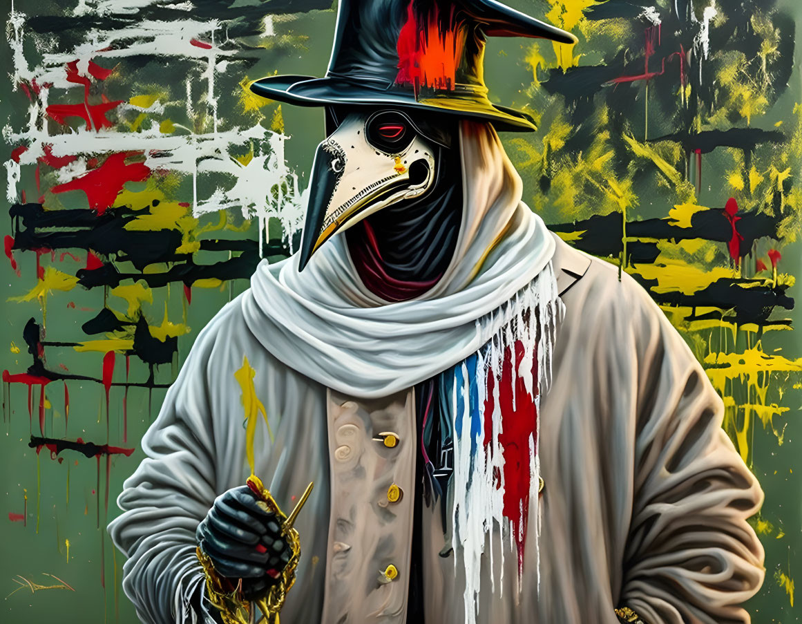 Abstract Plague Doctor Figure in Colorful Setting