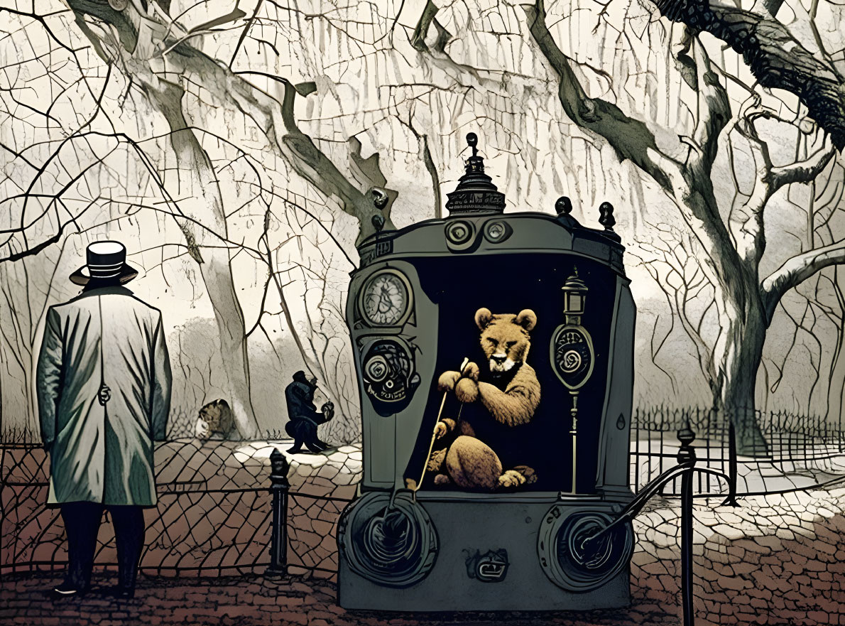 Bear operating antique music machine in whimsical park with man watching