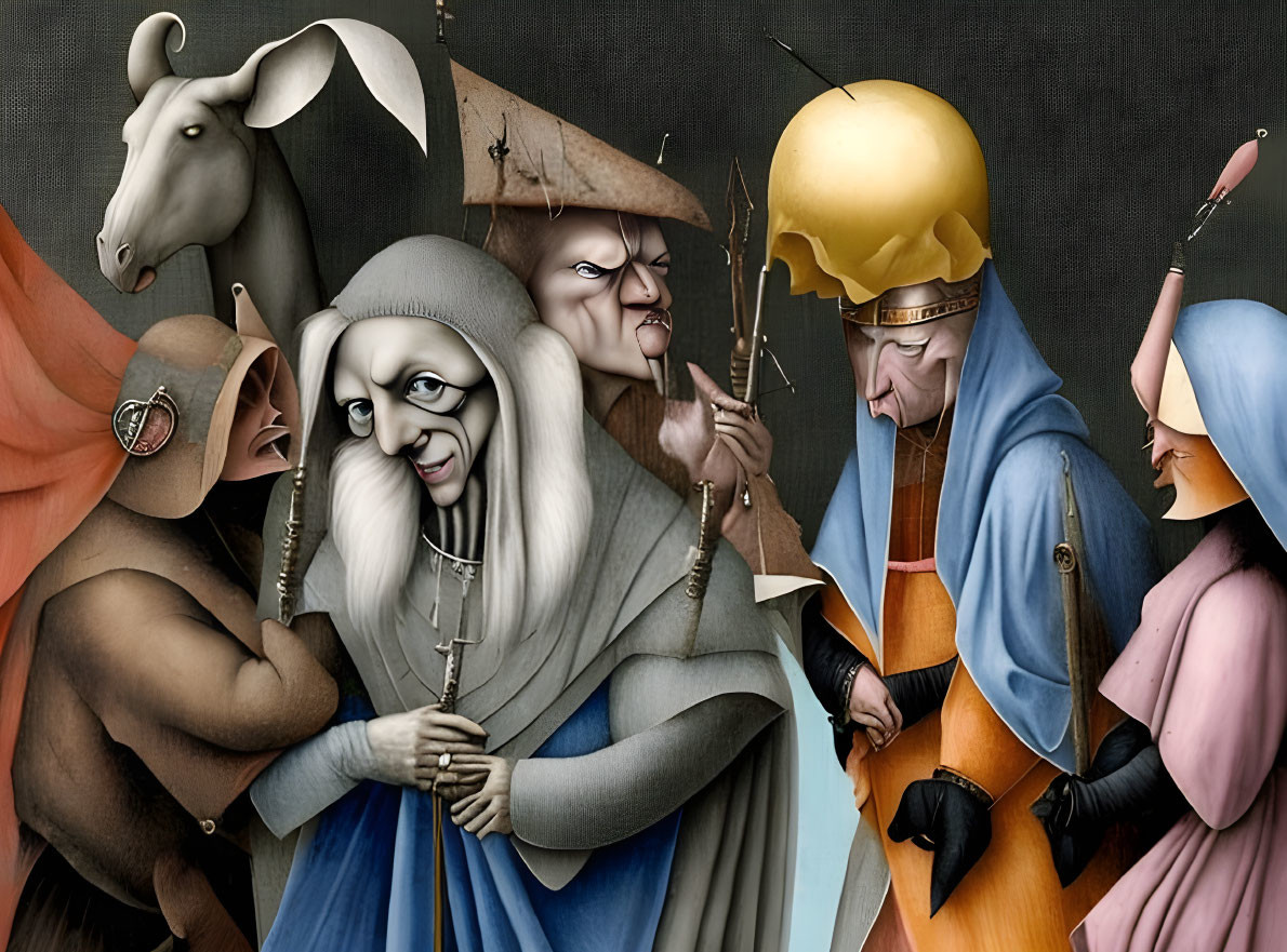 Colorful Medieval Caricature Figures and Goat on Grey Background