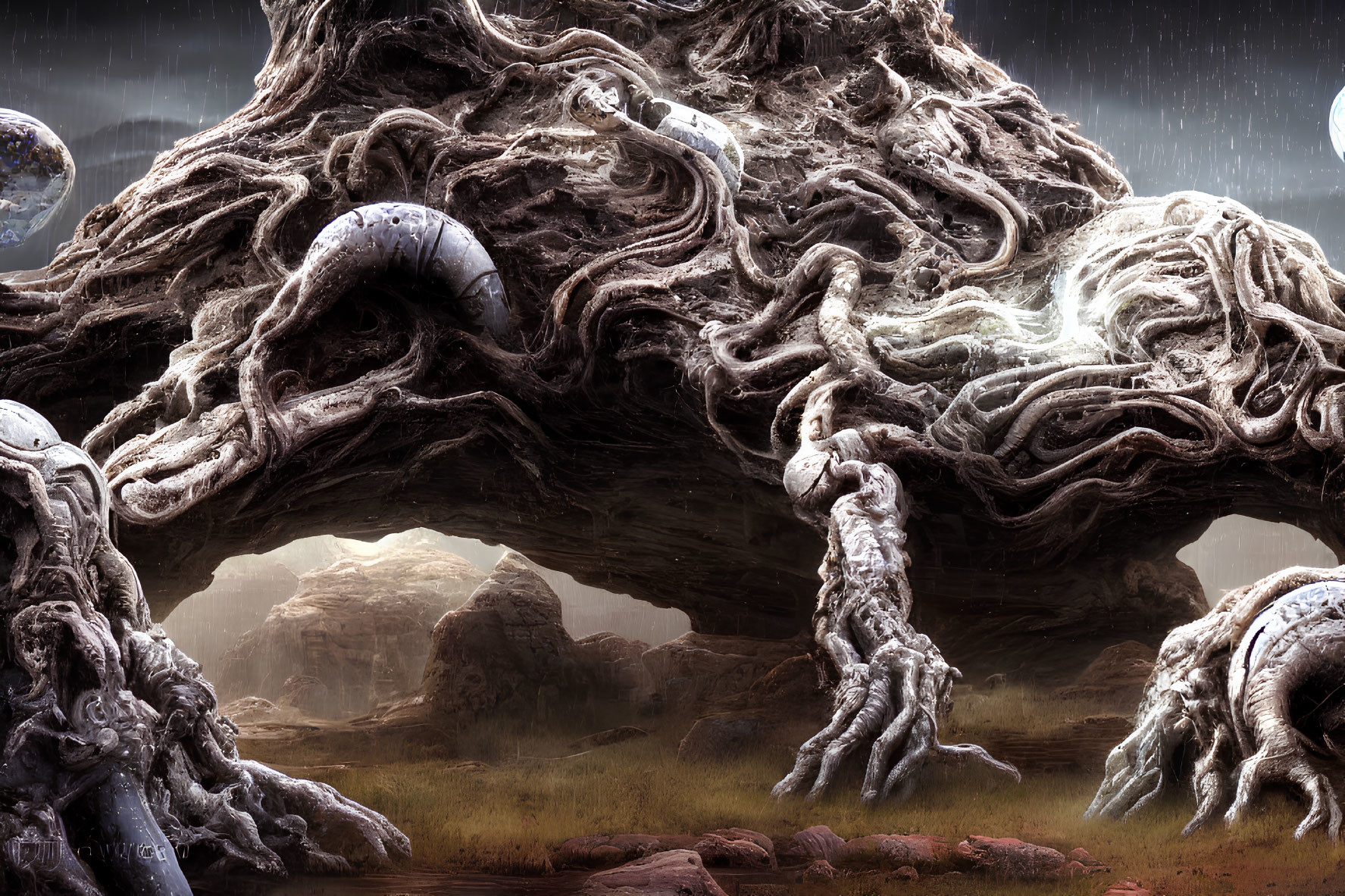 Surreal landscape with massive root-like structures under an otherworldly sky