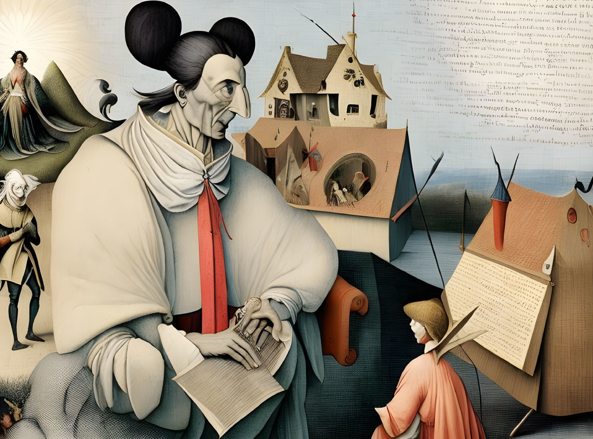 Renaissance-themed surreal illustration with giant man in whimsical setting