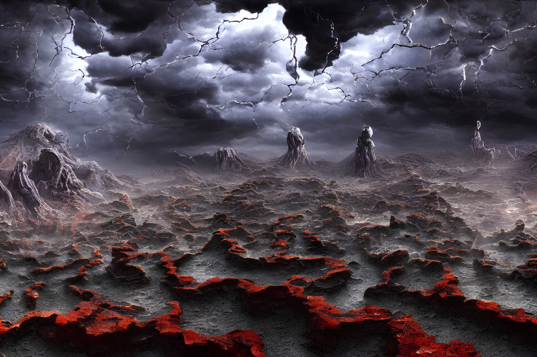 Volcanic landscape with cracked earth, glowing lava, dark clouds, and lightning