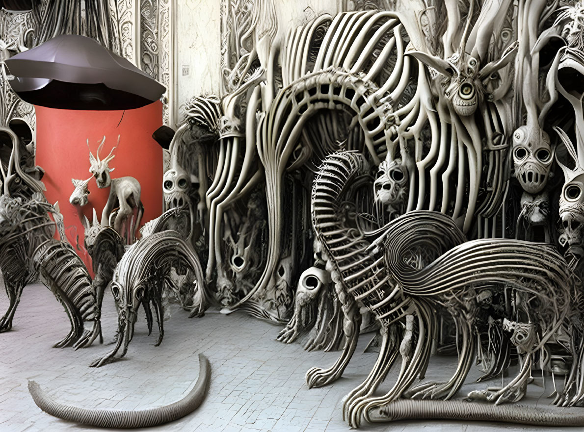 Surreal artwork: skeletal creatures with large eyes in a Gothic room.