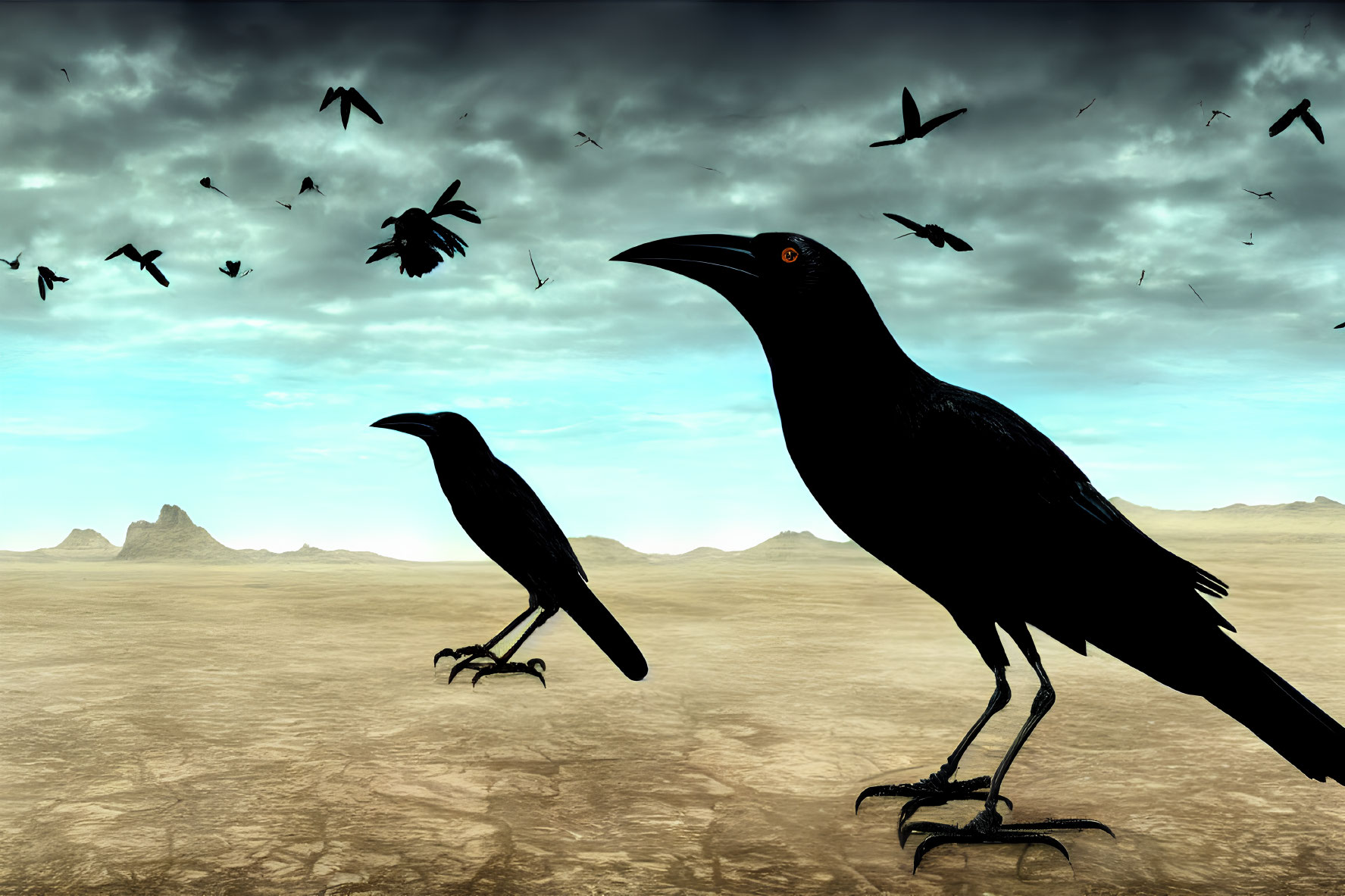 Desolate desert landscape with two crows under hazy sky