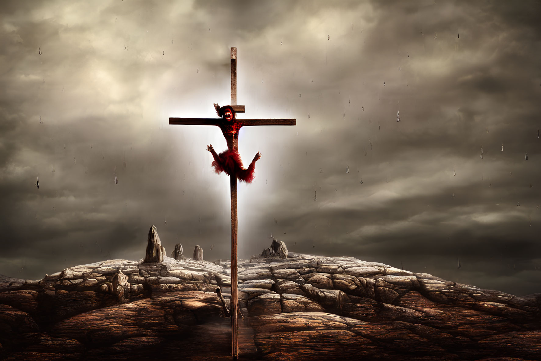 Barren hill with large cross and figure in red under stormy sky