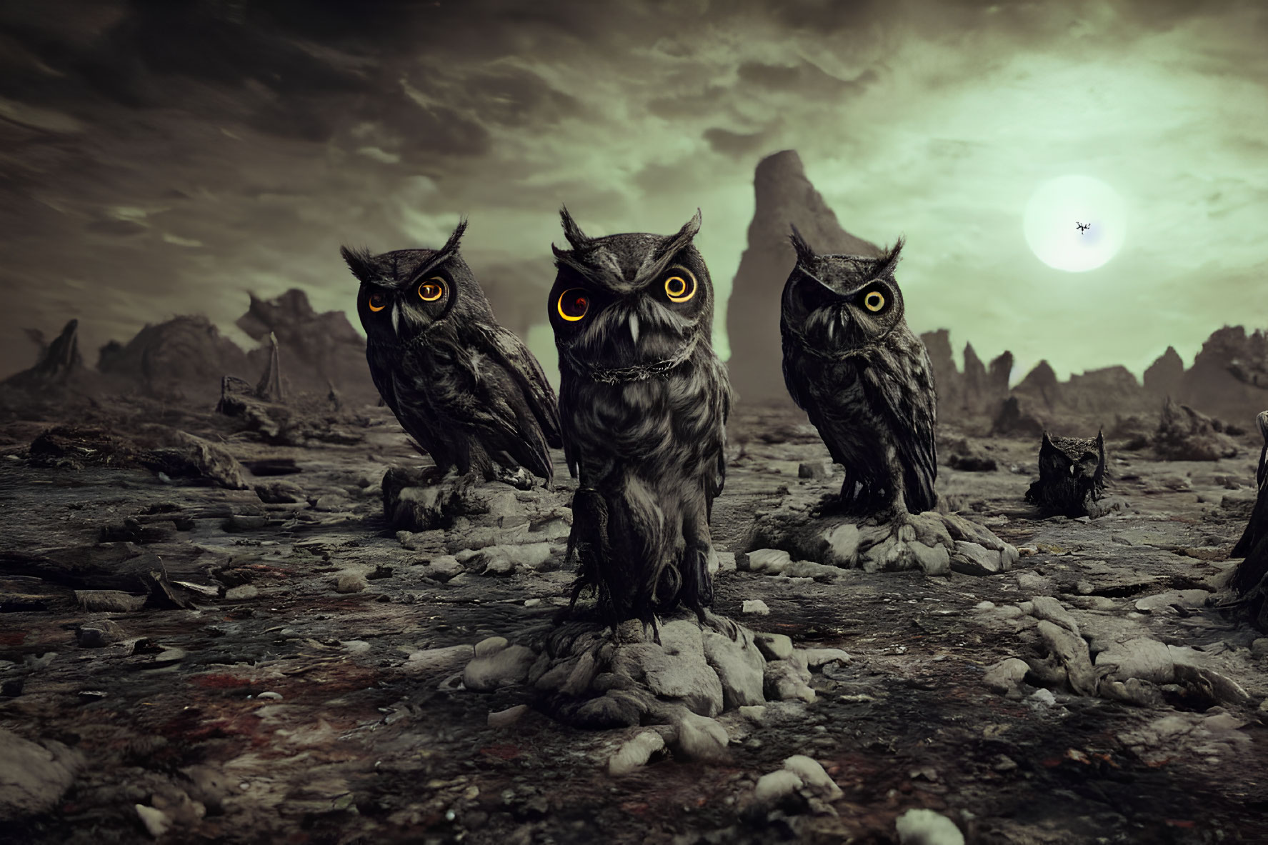 Three glowing-eyed owls on rocky terrain under dim sky with eerie shapes and solitary bird.