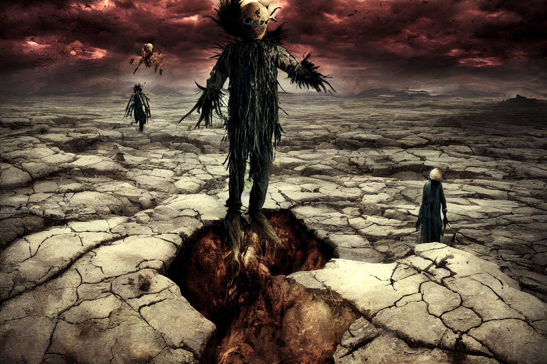 Desolate landscape with cracked earth, scarecrows, and red clouds