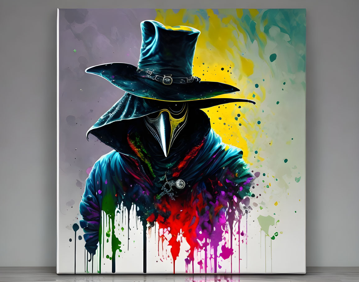 Colorful Plague Doctor Canvas Art with Ink Splashes