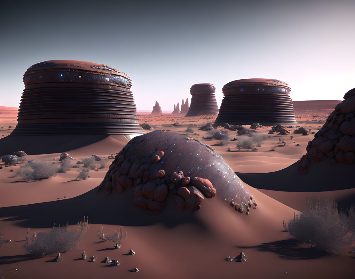 Futuristic domed structures in desert landscape with rocky outcroppings