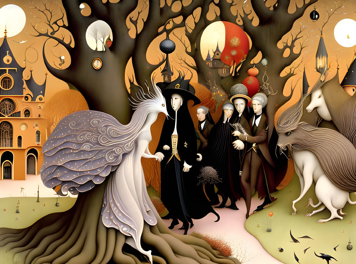 Surreal fantasy artwork with winged woman, masked figures, whimsical setting