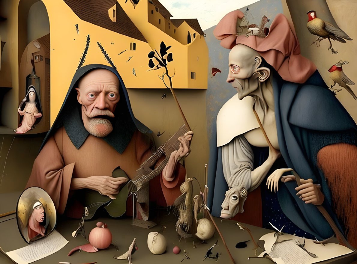 Surreal artwork featuring man playing lute among diverse characters and objects