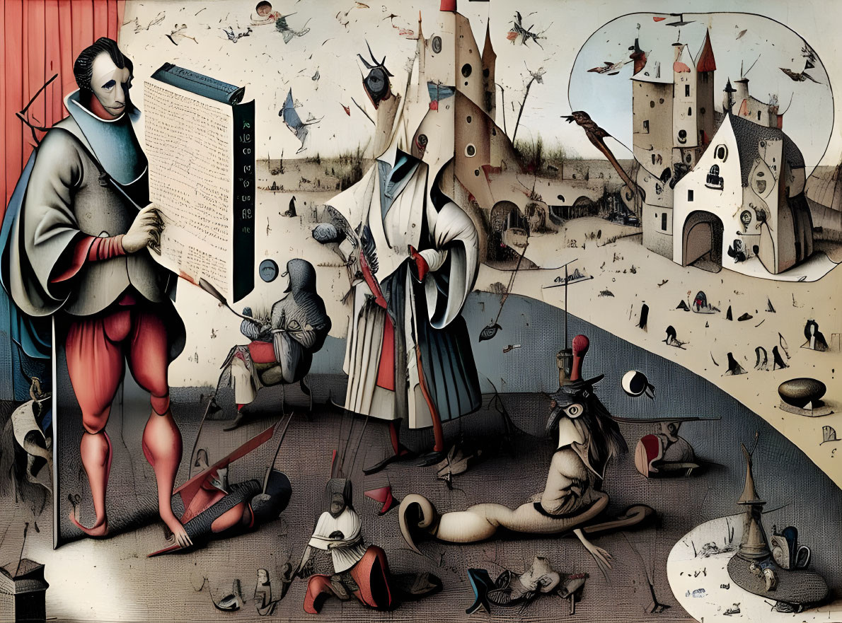 Surreal painting: Historical figures, knights, and creatures in chaotic landscape