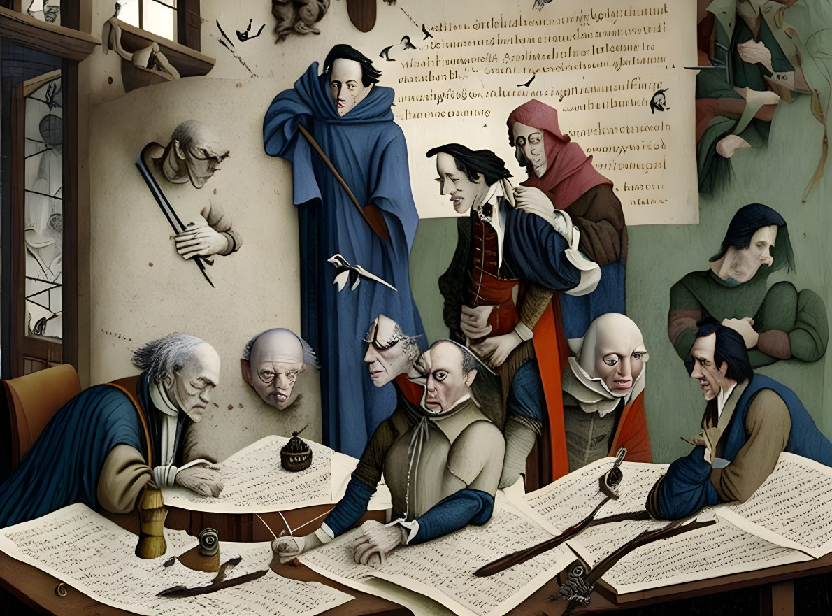 Exaggerated historical figures in dimly lit room with large manuscripts