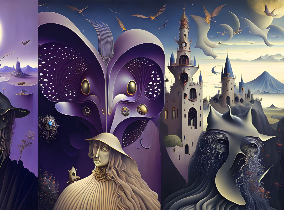 Surreal Artwork: Cloaked Figures, Castles, Cosmic Motifs, Birds in Twilight