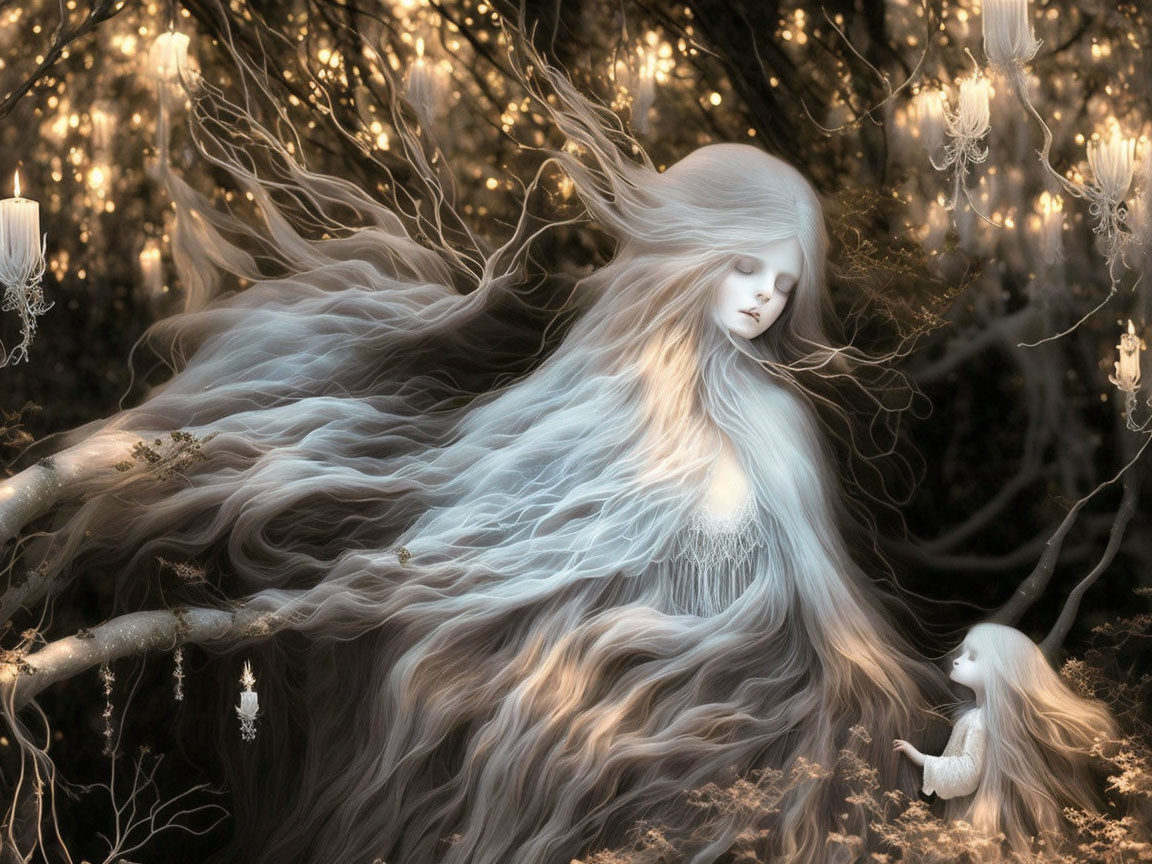 Ethereal figure with flowing hair in mystical forest setting