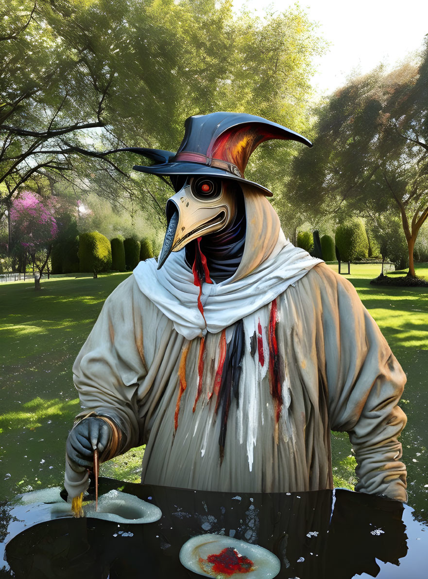 Plague doctor costume with beaked mask in park scene