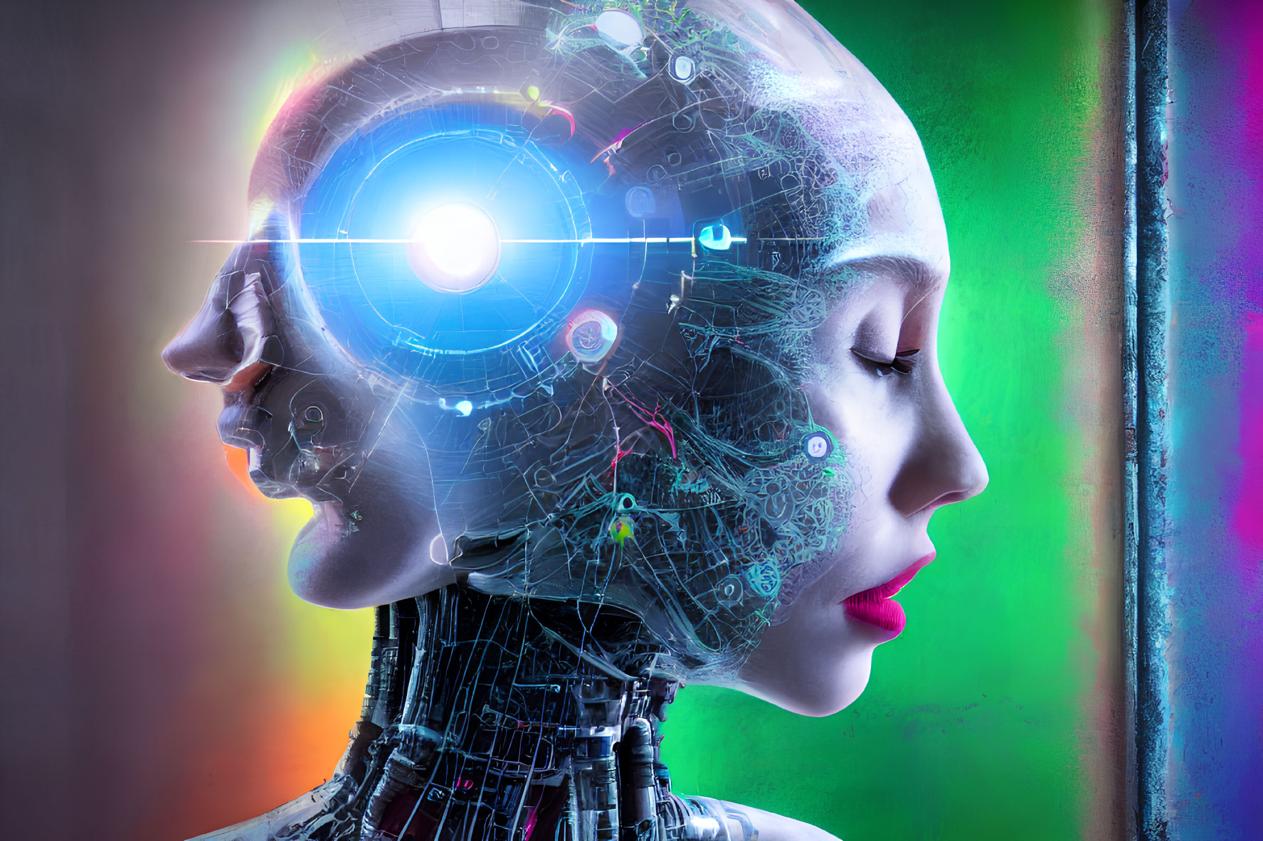 Female cyborg with translucent head and glowing blue eye on vibrant multicolored background