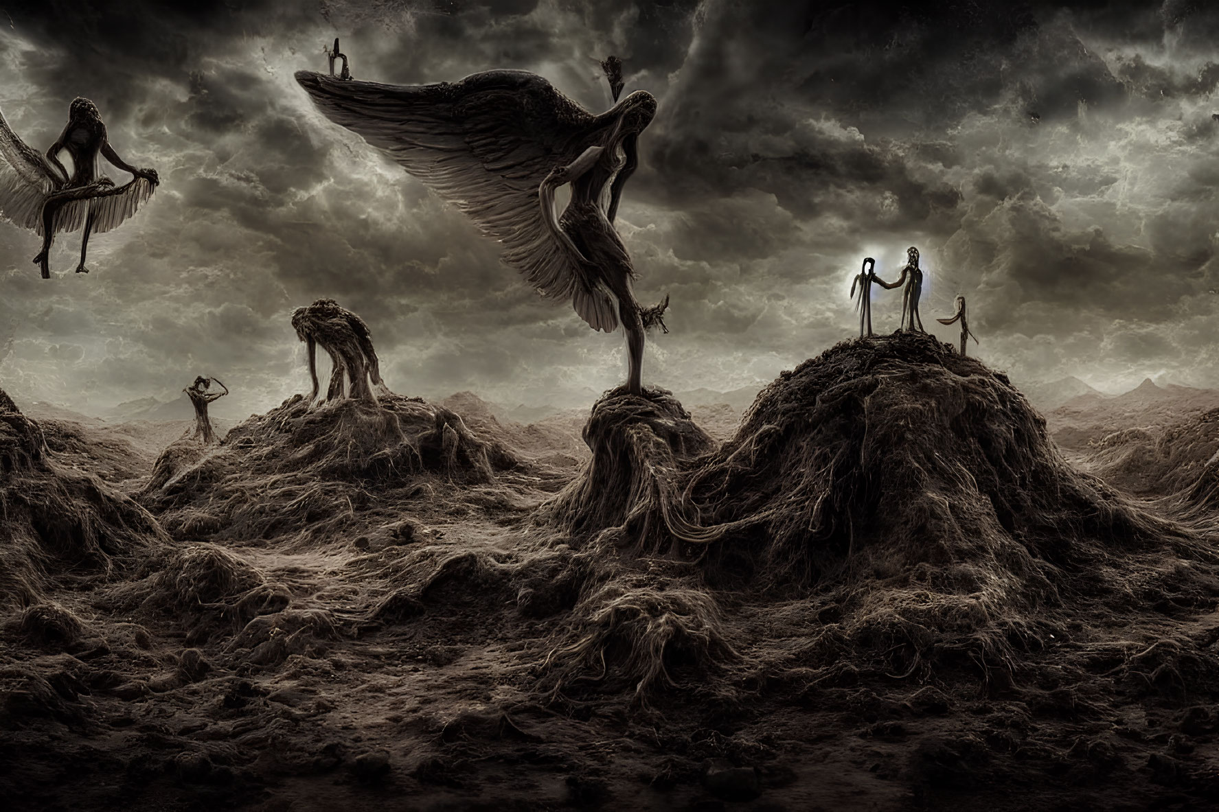 Surreal landscape with angelic figures and dark clouds in monochromatic setting