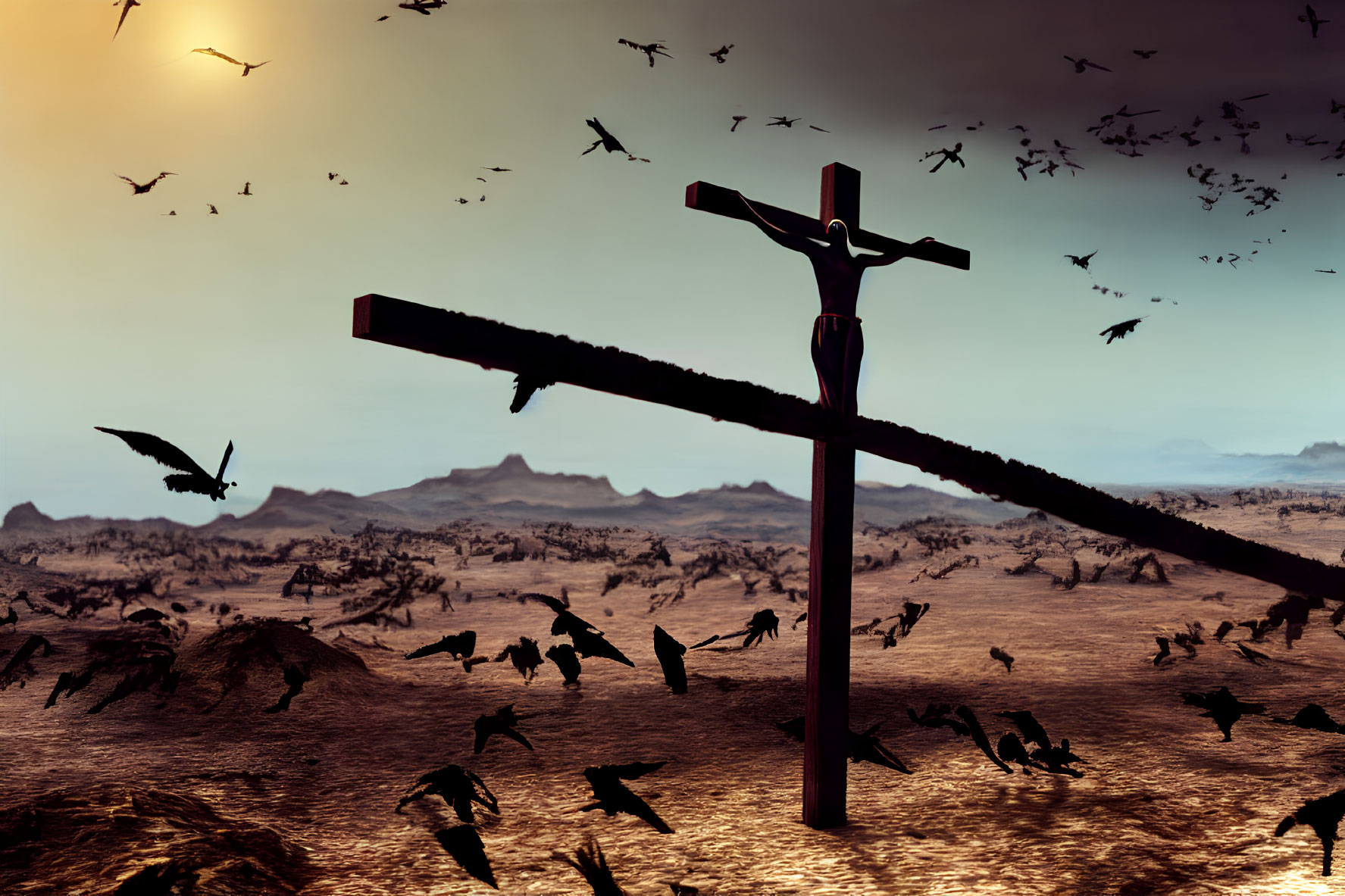 Crucifix in desolate landscape at dusk with birds and mountain silhouettes