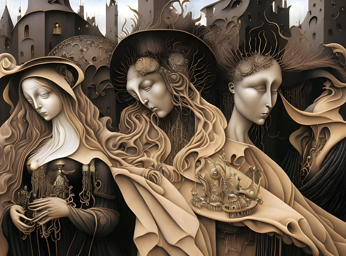 Stylized women with ornate headgear in castle-filled landscape