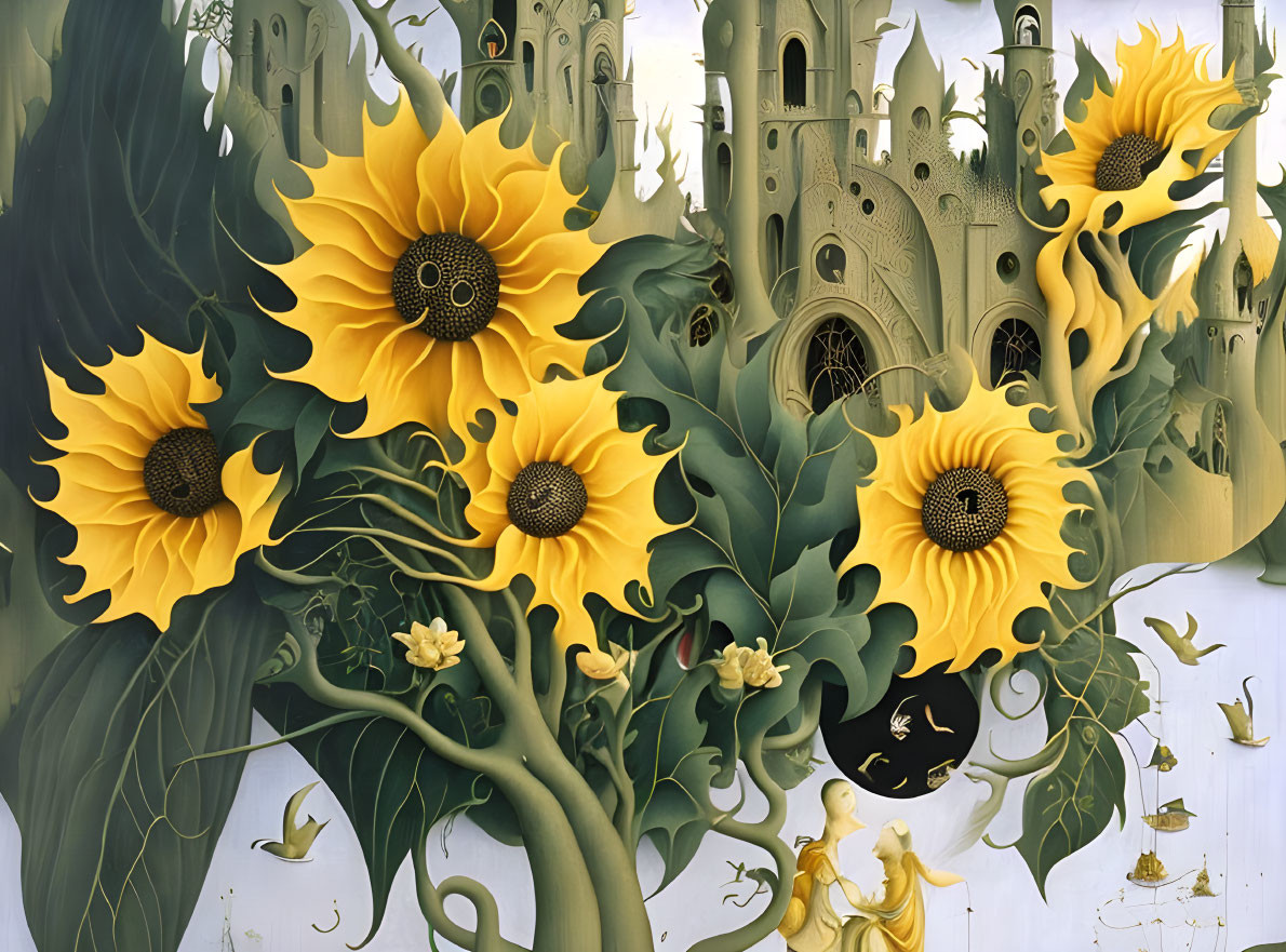 Illustration of sunflowers, castle, characters, and swans in harmony