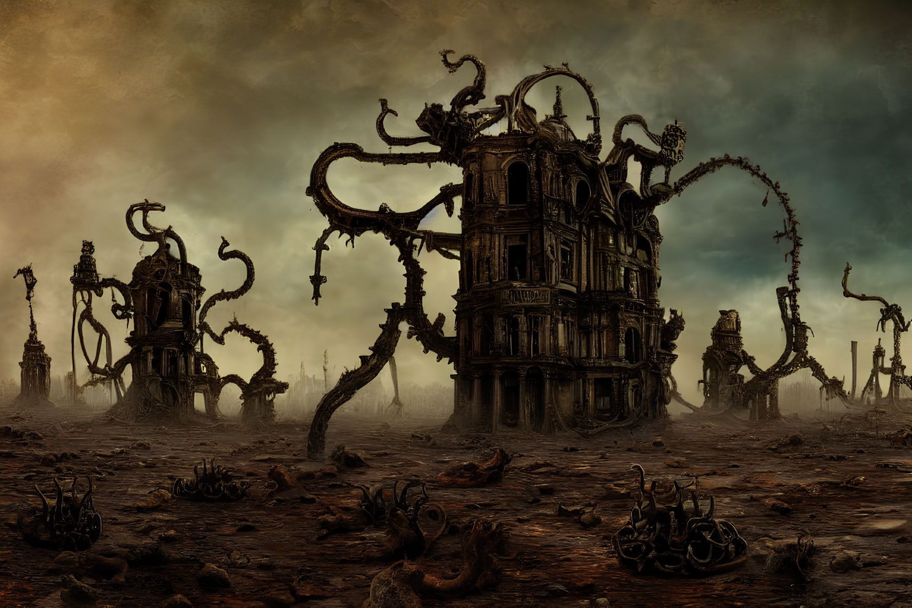 Dystopian landscape with dilapidated baroque building and twisted tentacle-like structures