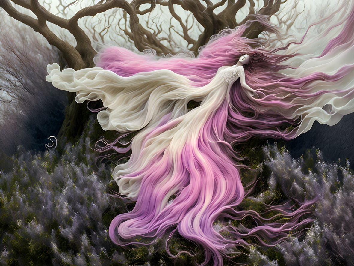 Ethereal woman with flowing hair in white and purple merges with fantastical forest landscape