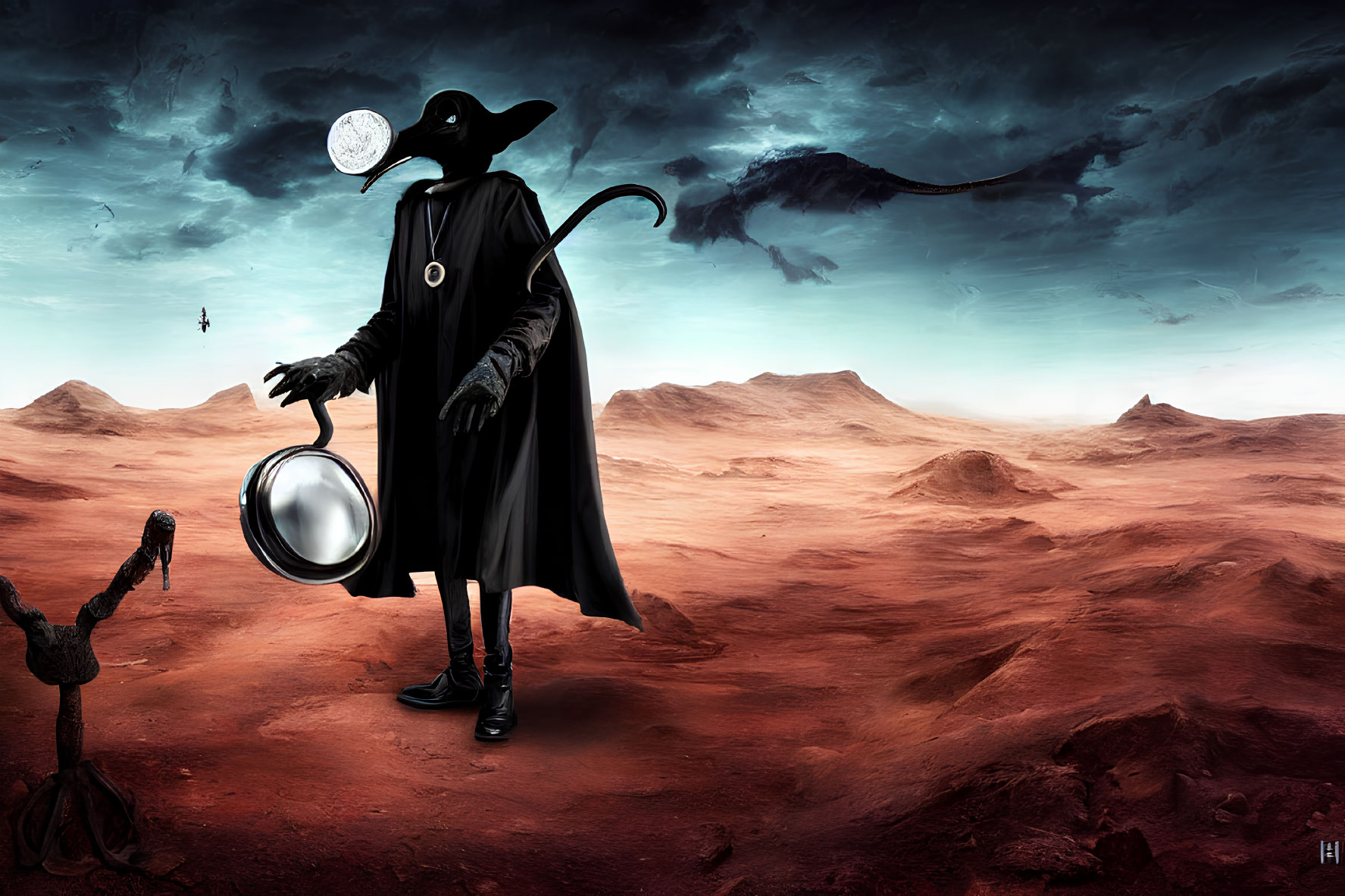 Cloaked figure with plague doctor mask in surreal desert landscape with hourglass and full moon