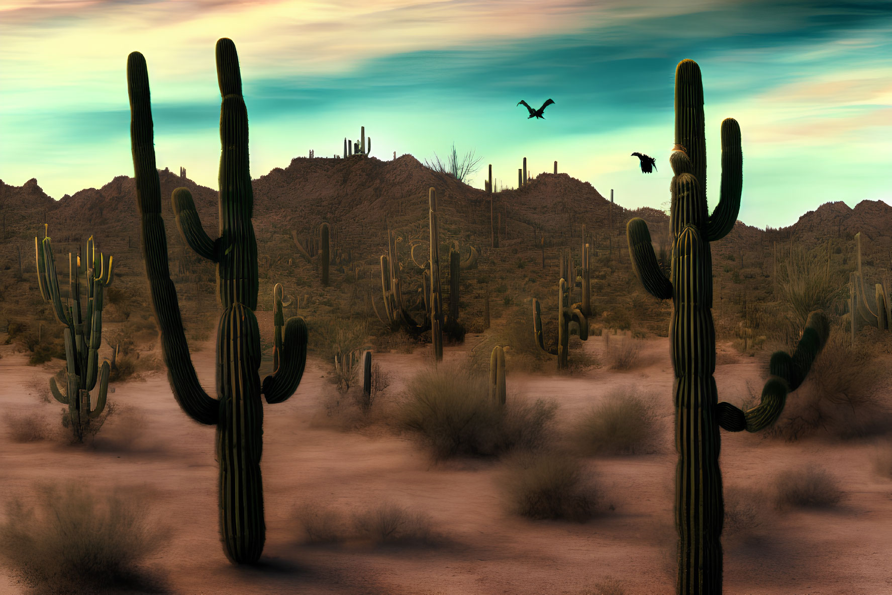 Twilight desert landscape with saguaro cacti, mountains, and birds.