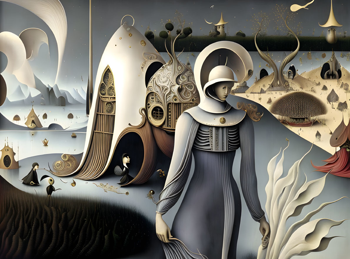 Surreal desert landscape with astronaut-like figure and whimsical elements